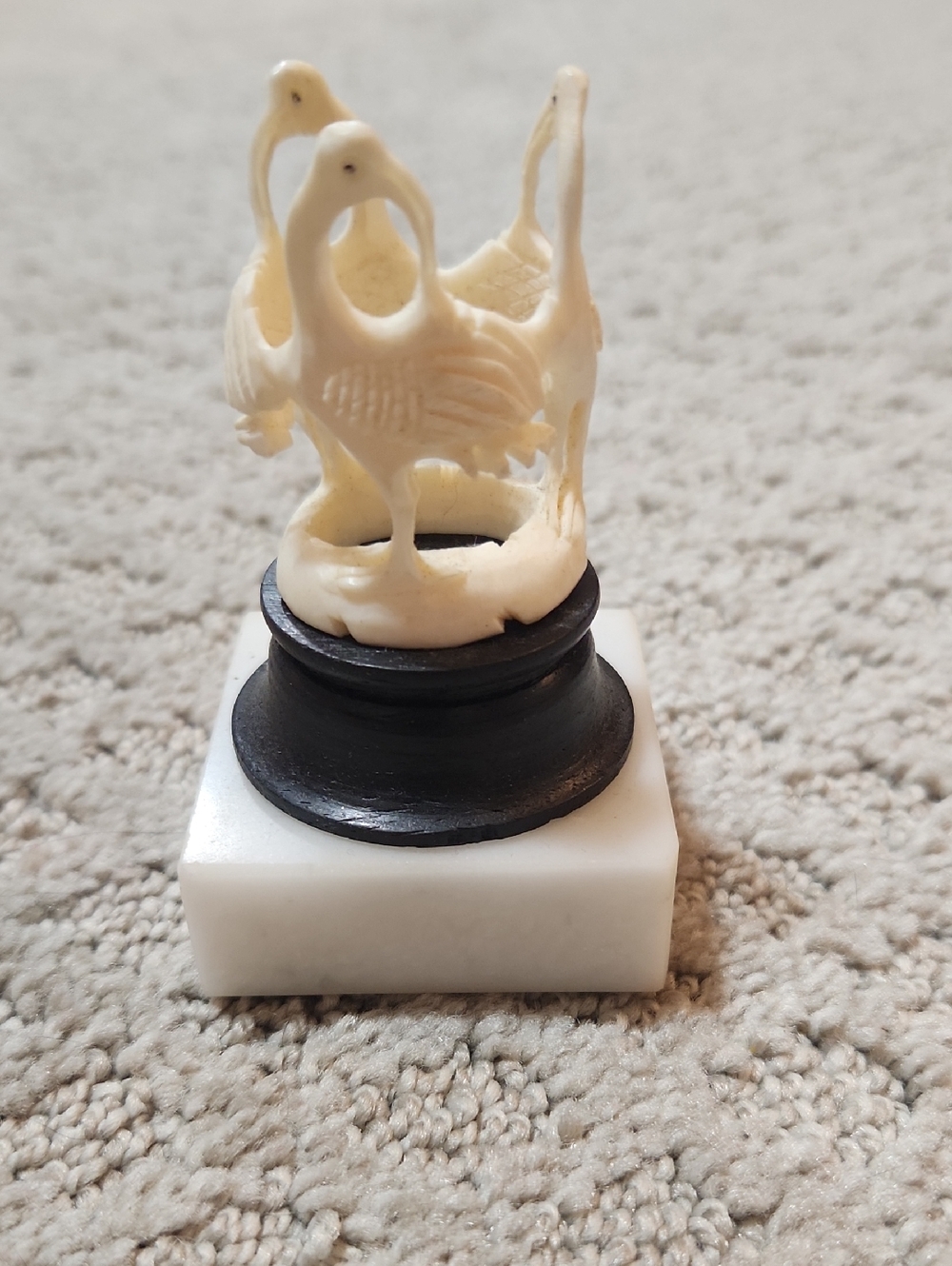 Handcrafted Ivory Carved Bone Bird Sculpture on Black Pedestal Marble Base Art